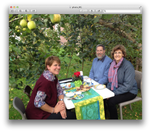 Vickie sits with our Pastor friends Ursula Sieg and Martin Pommerening in the sukkah they built for us at their home in Bad Segeberg, Germany.