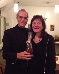 Receiving bottle of Rum (manufactured in Flensburg) after my lecture from Hilke Rudolph, who coordinated the event and earlier in the day led Vickie and me and a small group of teachers and physicians, who attended the presentation, on a wonderful tour of the city.